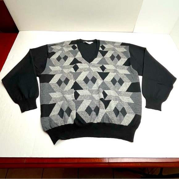 Dalmine Uomo Pure New Wool Pullover Sweater Black Grey Gray Mens XXL‎ Geometric - Picture 1 of 9